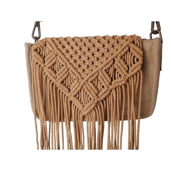 India Handmade Mini Fringed Cotton Crochet Bohemian Crossbody Bag - Picture 2 of 9